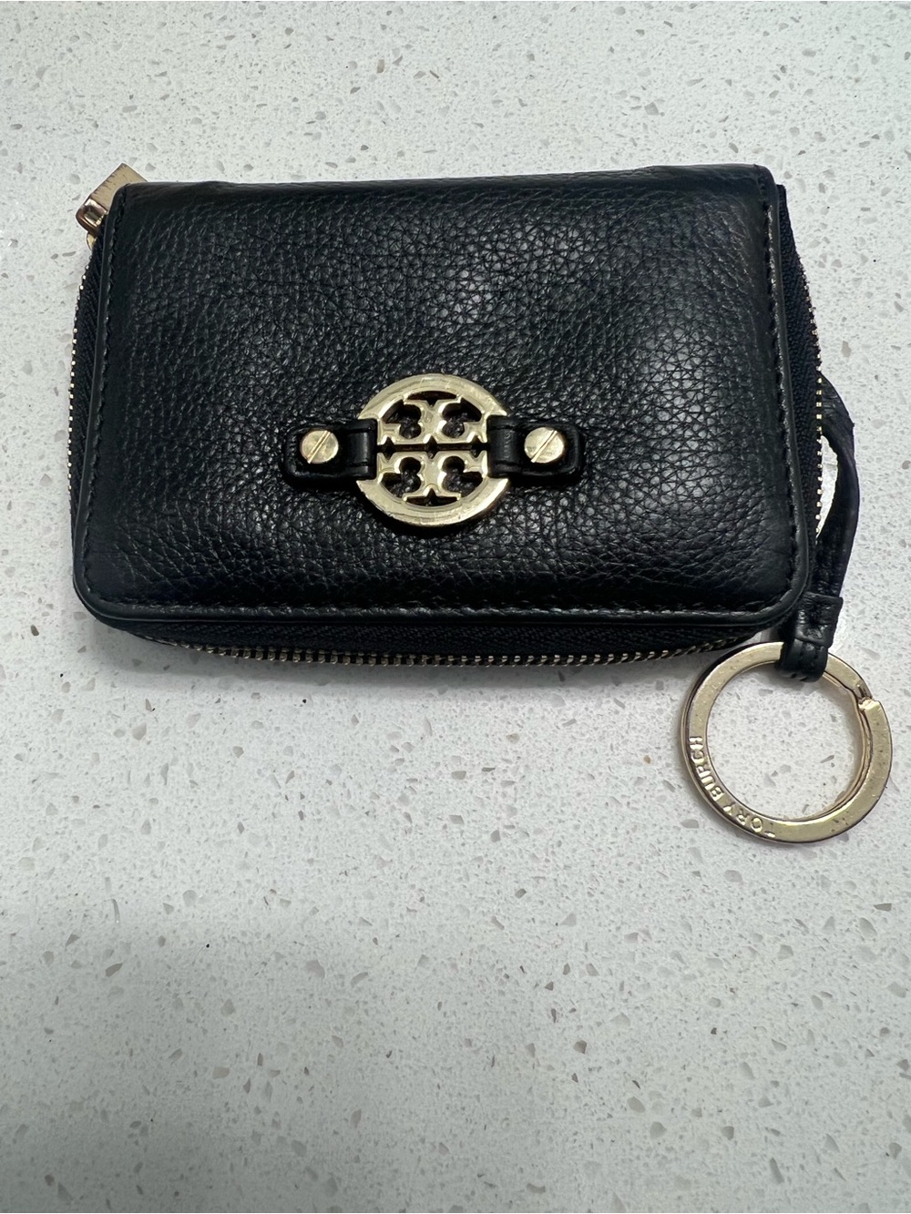 Tory Burch Black Leather Zip Card Case with Gold Logo Keyring